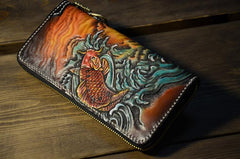 Handmade Leather Carp Mens Chain Biker Wallet Cool Leather Wallet Long Phone Wallets for Men