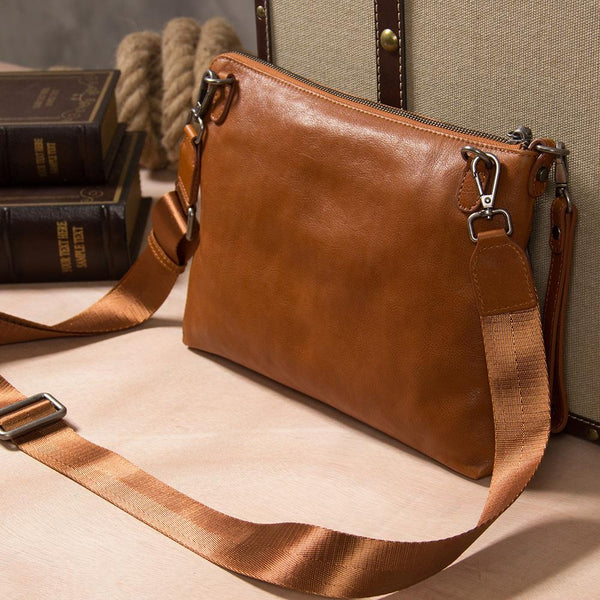 Leather Mens Clutch Wristlet Bag Brown Shoulder Bag Zipper Clutch for Men - imessengerbags