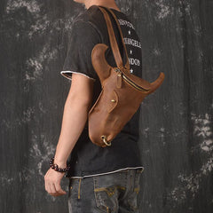 Handmade Leather Mens Cool XO Bull Backpack Sling Bag Black Travel Bag Hiking Bag for men