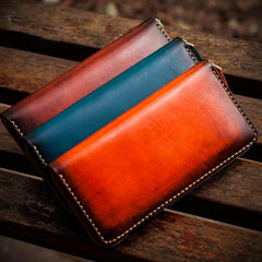 Handmade Leather Mens Cool Long Leather Wallet Zipper Clutch Wallet for Men