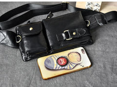 Black Leather Fanny Pack Mens Waist Bag Hip Pack Belt Bag for Men - imessengerbags