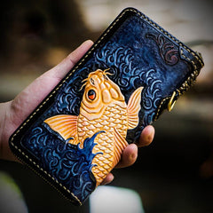 Handmade Leather Men Tooled Carp Cool Leather Wallet Long Phone Wallets for Men - imessengerbags