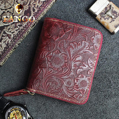 Handmade Leather Floral Mens Zipper Cool billfold Wallet Card Holder Small Card Slim Wallets for Men - imessengerbags
