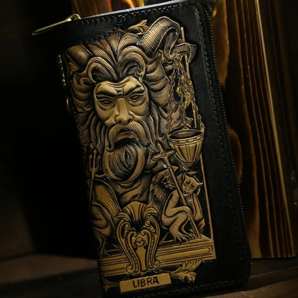 Handmade Leather Tooled Constellation Biker Wallet Mens Cool Chain Wallet Trucker Wallet with Chain - imessengerbags