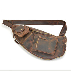 Handmade Leather Mens Cool Chest Bag Sling Bag Crossbody Bag Travel Bag Hiking Bag for men