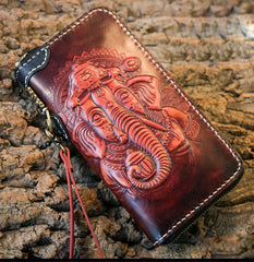 Handmade Leather Mens Chain Biker Wallet Cool Tooled Ganesha Wallet Long Phone Wallets for Men