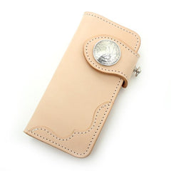 Handmade Beige Long Biker Wallets with Chain Cool Mens Leather Biker Chain Wallet