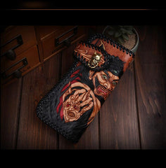 Handmade Mens Cool Tooled Zhong Kui demon Leather Chain Wallet Biker Trucker Wallet with Chain