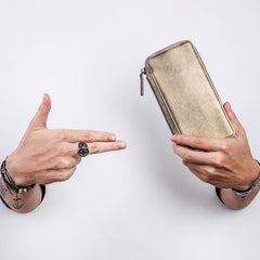 Handmade Leather Mens Cool Long Leather Wallet Bifold Zipper Clutch Wallet for Men