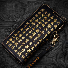 Handmade Leather Mens Chain Chinese Handwriting Biker Wallet Cool Leather Wallet Long Phone Wallets for Men