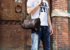 Genuine Leather Mens Bucket Bag Round Circle Bag Cool Weekender Bag Travel Bag Duffle Bags Overnight Bag Holdall Bag for men - imessengerbags