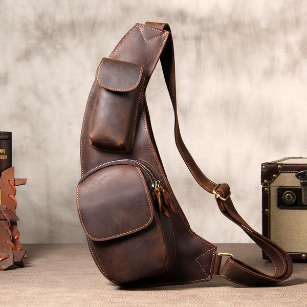 Hanmade Genuine Leather Vintage Brown Coffee Mens Cool Sling Bag Crossbody Bag Chest Bag for men