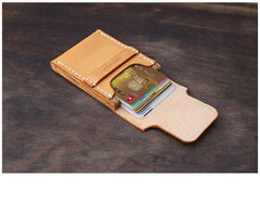 Handmade Wooden Brown Leather Mens Wallet Small Card Holder Coin Wallet for Men - imessengerbags