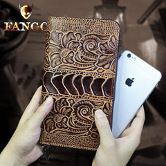 Handmade Leather Mens Tooled Floral Cool Zipper Phone Travel Long Wallet Card Holder Card Slim Clutch Wallets for Men - imessengerbags