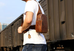 Genuine Leather Mens Cool Chest Bag Sling Bag Crossbody Bag Travel Bag Hiking Bag for men