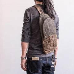 Canvas Leather Mens Cool Chest Bag Sling Bag Crossbody Bag Travel Bag Hiking Bag for men