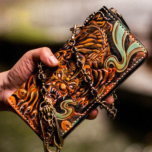 Handmade Leather Mens Tooled Monster Chain Biker Wallet Cool Leather Wallet Long Clutch Wallets for Men - imessengerbags