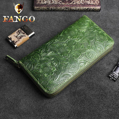 Handmade Leather Floral Mens Cool Travel Long Wallet Card Holder Card Slim Clutch Wallets for Men - imessengerbags