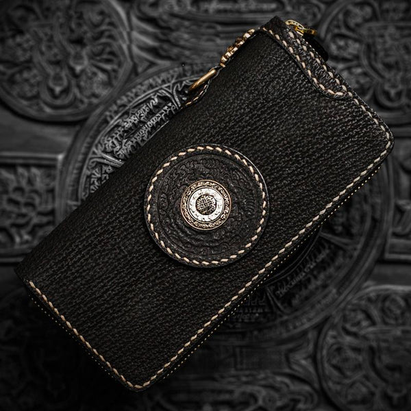 Handmade Leather Tibetan Mens Chain Biker Wallet Cool Leather Wallet Long Clutch Wallets for Men - imessengerbags