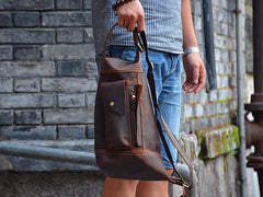 Genuine Leather Mens Cool Chest Bag Sling Bag Crossbody Bag Travel Bag Hiking Bag for men