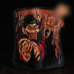 Handmade Mens Cool Tooled Zhong Kui demon Leather Chain Wallet Biker Trucker Wallet with Chain