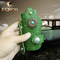 Handmade Leather Floral Mens Cool Car Key Wallet Coin Wallet Pouch Car KeyChain for Men - imessengerbags