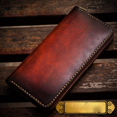 Handmade Leather Mens Cool Long Leather Wallet Zipper Clutch Wallet for Men