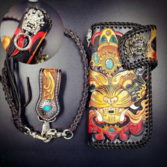 Handmade Leather Monster Mens Chain Biker Wallet Cool Leather Wallet Long Phone Wallets for Men
