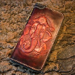 Handmade Leather Mens Chain Biker Wallet Cool Tooled Ganesha Wallet Long Phone Wallets for Men