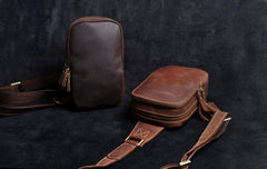 Handmade Leather Mens Cool Chest Bag Sling Bag Crossbody Bag Travel Bag Hiking Bag for men