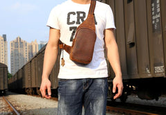 Genuine Leather Mens Cool Chest Bag Sling Bag Crossbody Bag Travel Bag Hiking Bag for men