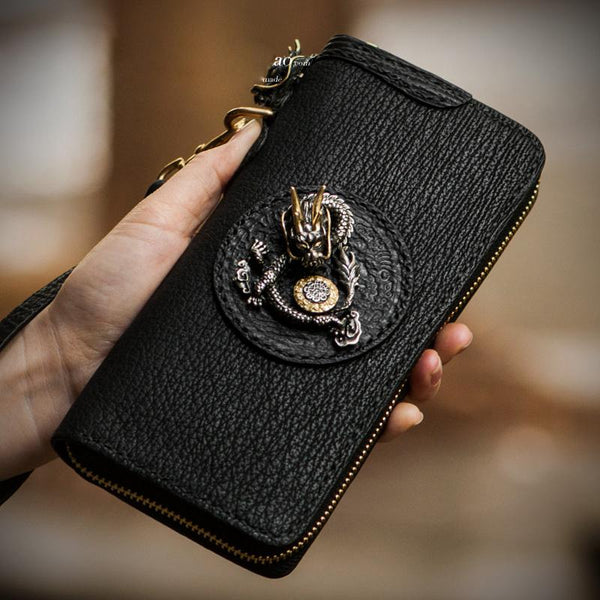 Handmade Leather Black Sharkskin Chain Wallet Mens Biker Wallet Cool Leather Wallet Long Phone Wallets for Men - imessengerbags