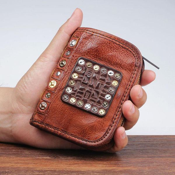 Handmade Mens Cool billfold Leather Wallet Men Small Zipper Wallets Bifold for Men - imessengerbags