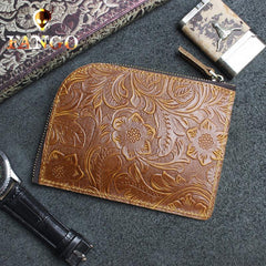 Handmade Leather Floral Mens Front Pocket Wallet Cool Slim Leather Wallet Men billfold Wallets Bifold for Men - imessengerbags