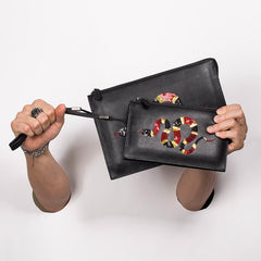 Handmade Leather Mens Cool Long Leather Wallet Zipper Clutch Wristlet Wallet for Men