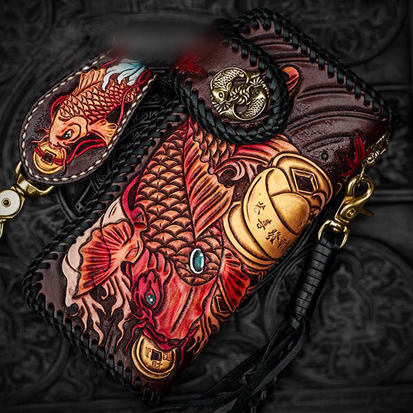 Handmade Leather Tooled Carp Mens Chain Biker Wallet Cool Leather Wallet Long Phone Wallets for Men - imessengerbags
