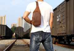 Genuine Leather Mens Cool Chest Bag Sling Bag Crossbody Bag Travel Bag Hiking Bag for men