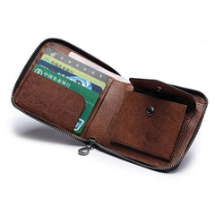 Genuine Leather Mens Cool Zipper Leather Wallet Men Small Wallets Bifold for Men - imessengerbags