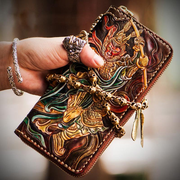 Handmade Leather Tooled Monkey King Mens Chain Biker Wallet Cool Leather Wallet Long Clutch Wallets for Men - imessengerbags