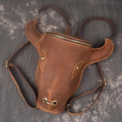 Handmade Leather Mens Cool XO Bull Backpack Sling Bag Black Travel Bag Hiking Bag for men