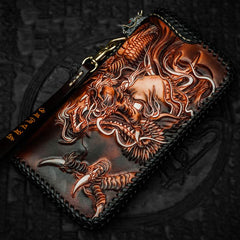 Handmade Leather Tooled Chinese Dragon Chain Wallet Mens Biker Wallet Cool Leather Wallet Long Phone Wallets for Men - imessengerbags