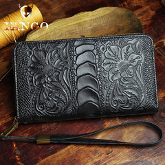 Handmade Leather Mens Tooled Floral Cool Zipper Phone Travel Long Wallet Card Holder Card Slim Clutch Wallets for Men - imessengerbags