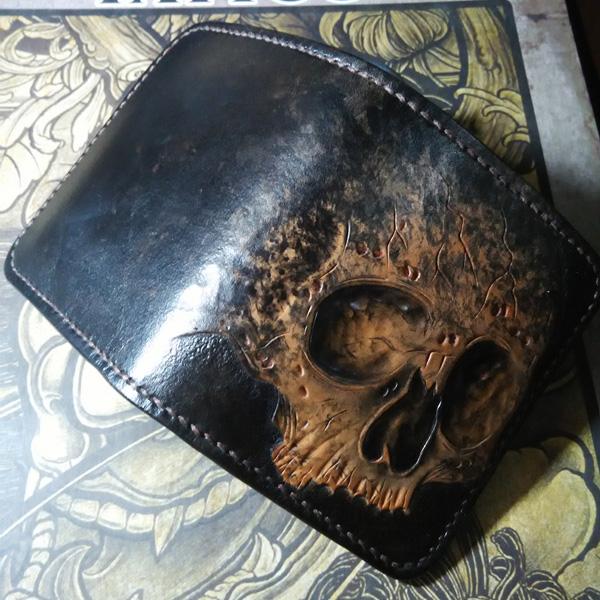 Handmade Leather Skull Tooled Mens billfold Wallet Cool Leather Wallet Slim Wallet for Men - imessengerbags