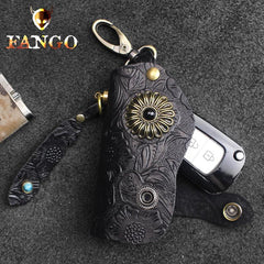 Handmade Leather Floral Mens Cool Car Key Wallet Coin Wallet Pouch Car KeyChain for Men - imessengerbags