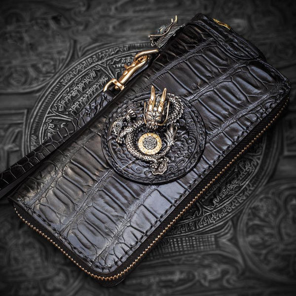 Handmade Leather Chinese Dragon Mens Chain Biker Wallet Cool Leather Wallet Long Clutch Wallets for Men - imessengerbags
