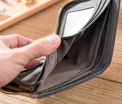 Handmade Leather Mens Cool Slim Leather Zipper Wallet Men Small Wallets Bifold for Men - imessengerbags