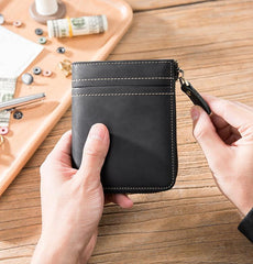 Handmade Leather Mens Cool Slim Leather Zipper Wallet Men Small Wallets Bifold for Men - imessengerbags