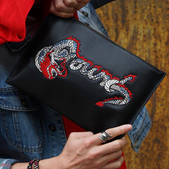 Handmade Leather Mens Chinese Dragon Clutch Cool Slim Wallet Zipper Clutch Wristlet Wallet for Men