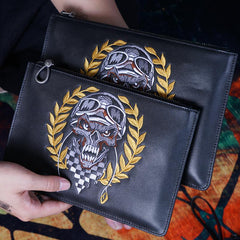 Handmade Leather Mens Clutch Skull Cool Slim Wallet Zipper Clutch Wristlet Wallet for Men