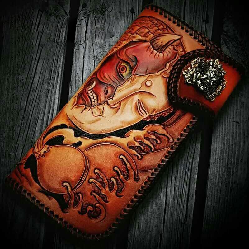Handmade Leather Tooled Buddha&Demon Mens Chain Biker Wallet Cool Leather Wallet With Chain Wallets for Men